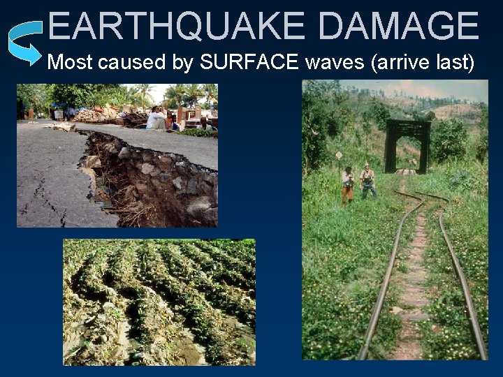 EARTHQUAKE DAMAGE Most caused by SURFACE waves (arrive last) 