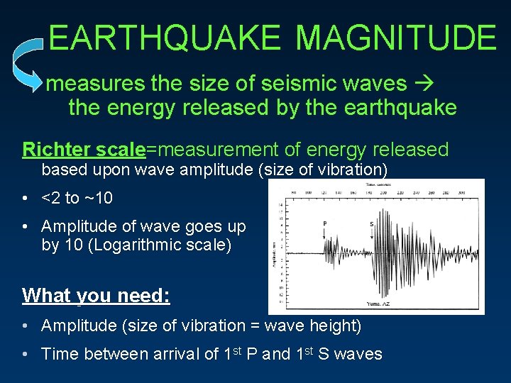 EARTHQUAKE MAGNITUDE measures the size of seismic waves the energy released by the earthquake