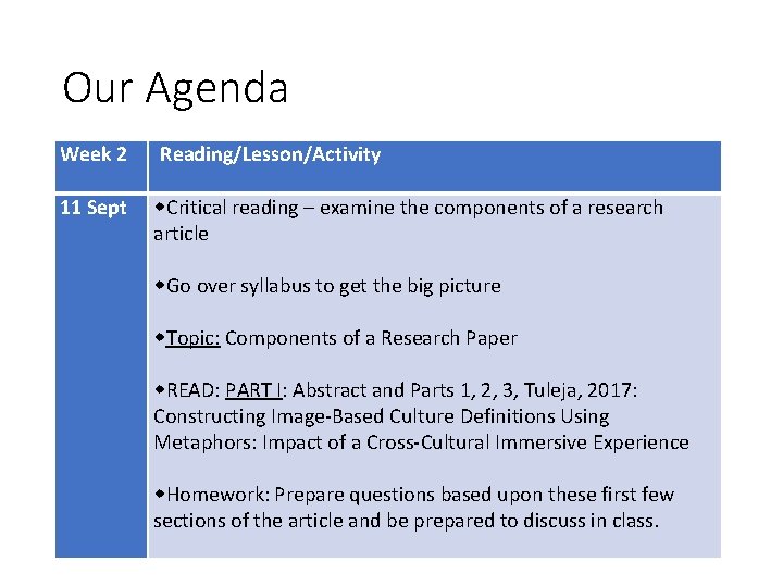 Our Agenda Week 2 Reading/Lesson/Activity 11 Sept Critical reading – examine the components of