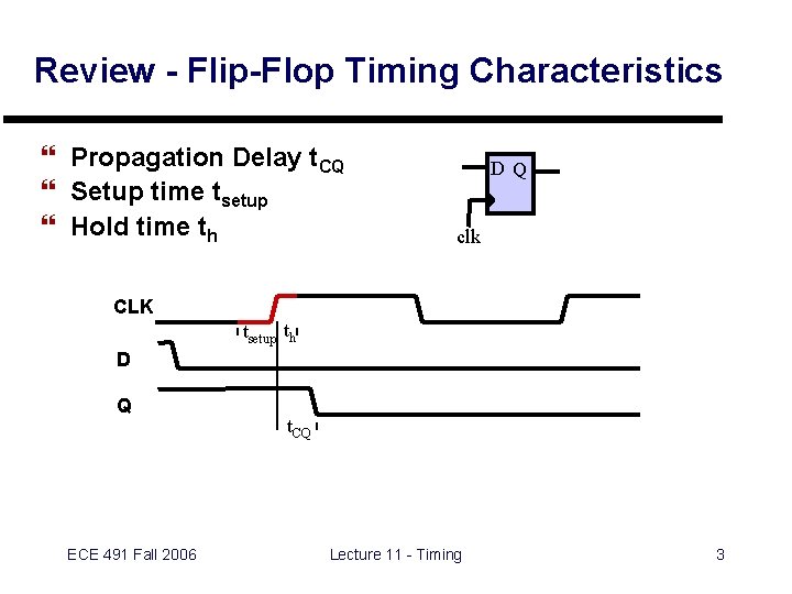 Review - Flip-Flop Timing Characteristics } Propagation Delay t. CQ } Setup time tsetup