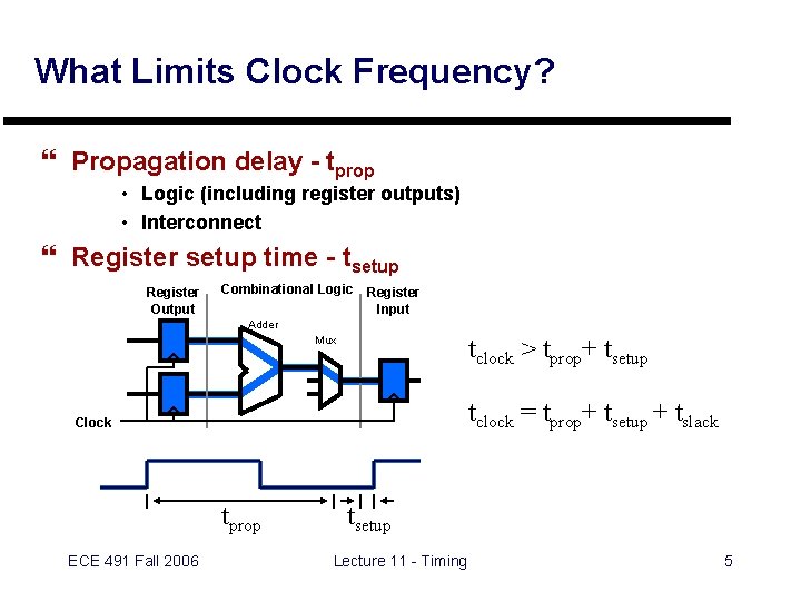 What Limits Clock Frequency? } Propagation delay - tprop • Logic (including register outputs)