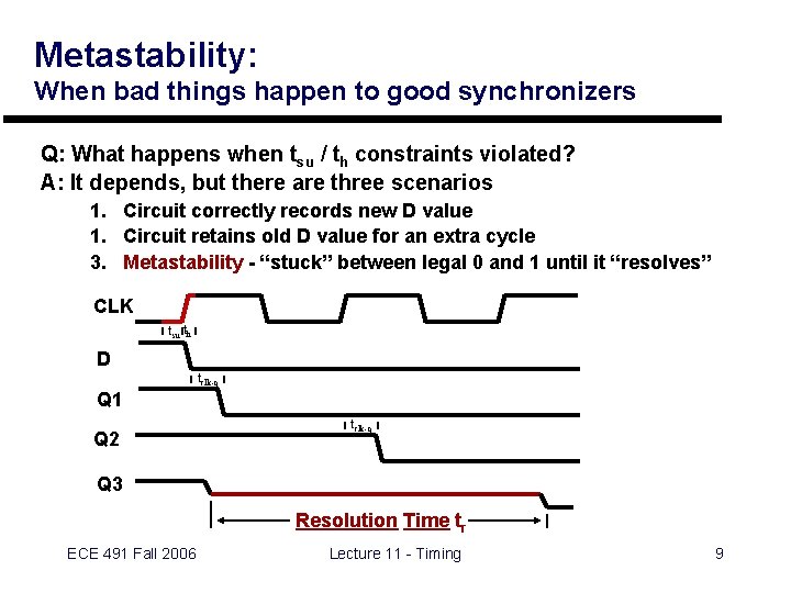 Metastability: When bad things happen to good synchronizers Q: What happens when tsu /