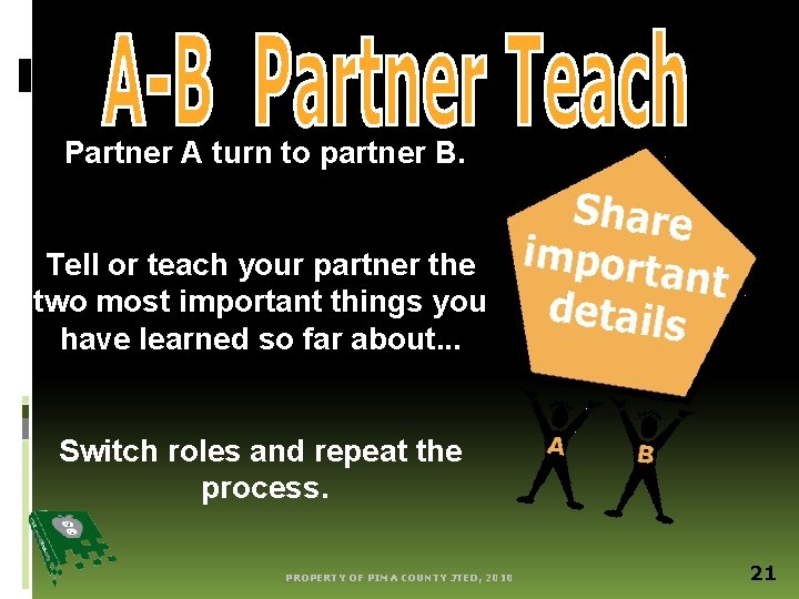 Partner A turn to partner B. Tell or teach your partner the two most