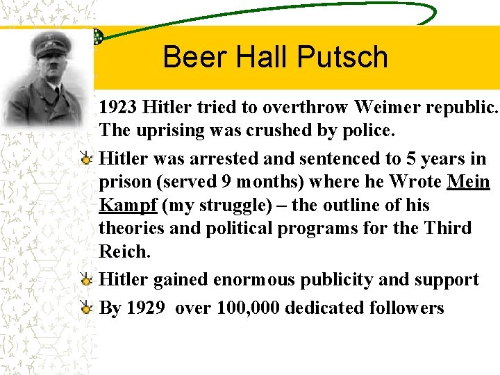 Beer Hall Putsch 1923 Hitler tried to overthrow Weimer republic. The uprising was crushed