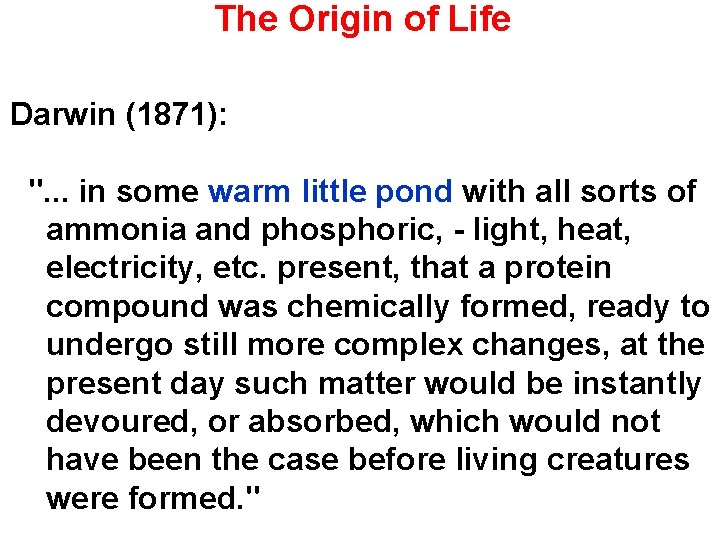 The Origin of Life Darwin (1871): ". . . in some warm little pond