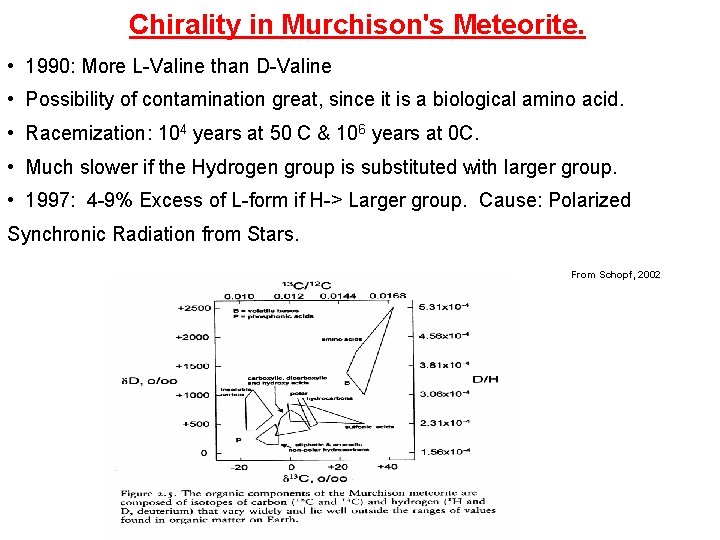 Chirality in Murchison's Meteorite. • 1990: More L-Valine than D-Valine • Possibility of contamination