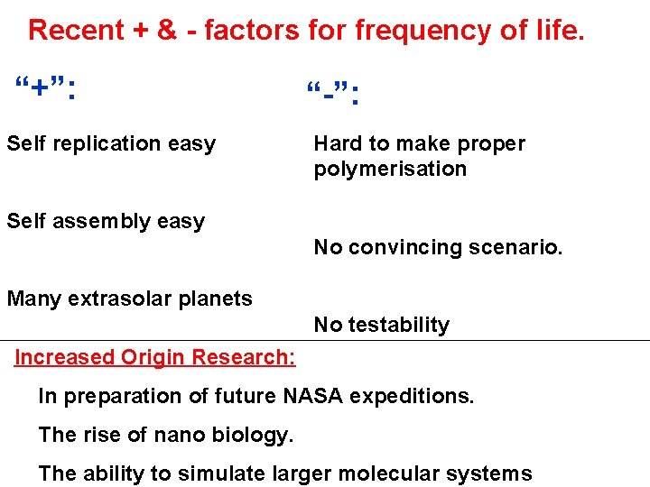 Recent + & - factors for frequency of life. “+”: Self replication easy “-”: