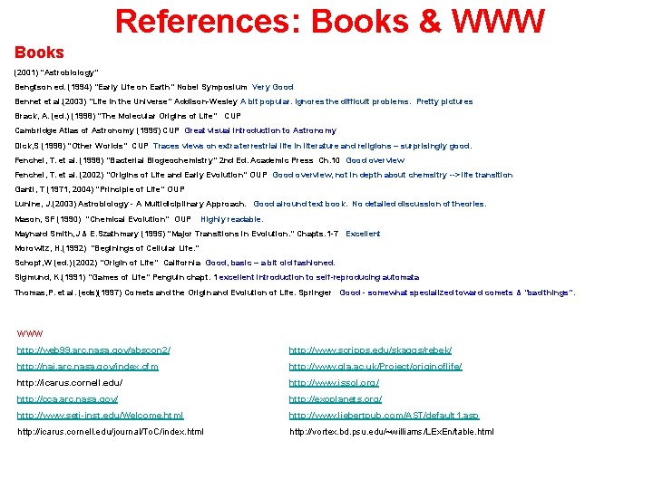 References: Books & WWW Books (2001) “Astrobiology” Bengtson ed. (1994) “Early Life on Earth”