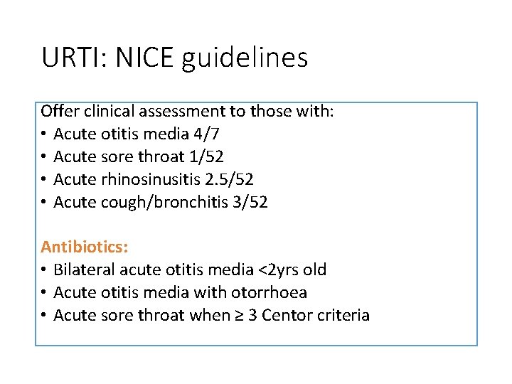 URTI: NICE guidelines Offer clinical assessment to those with: • Acute otitis media 4/7