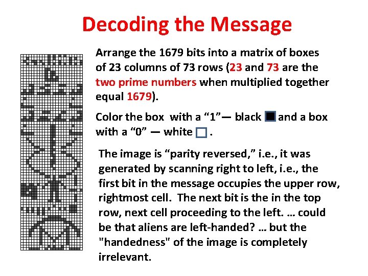 Decoding the Message Arrange the 1679 bits into a matrix of boxes of 23