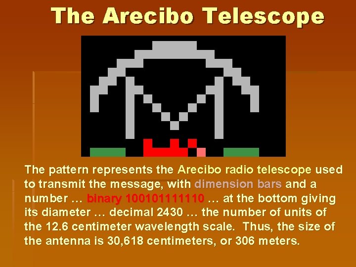 The Arecibo Telescope The pattern represents the Arecibo radio telescope used to transmit the