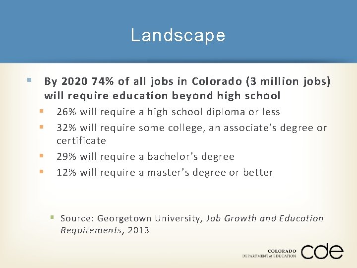 Landscape § By 2020 74% of all jobs in Colorado (3 million jobs) will