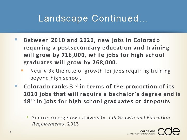 Landscape Continued… § Between 2010 and 2020, new jobs in Colorado requiring a postsecondary