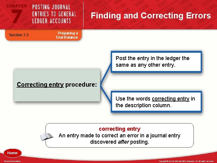 Finding and Correcting Errors Section 7. 3 Preparing a Trial Balance Post the entry