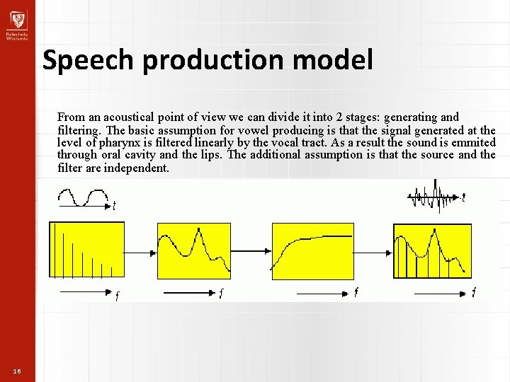 Speech production model From an acoustical point of view we can divide it into