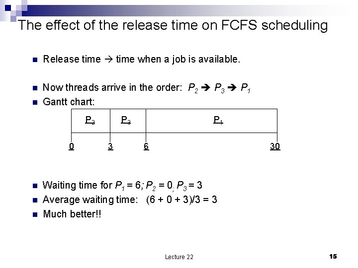 The effect of the release time on FCFS scheduling n Release time when a