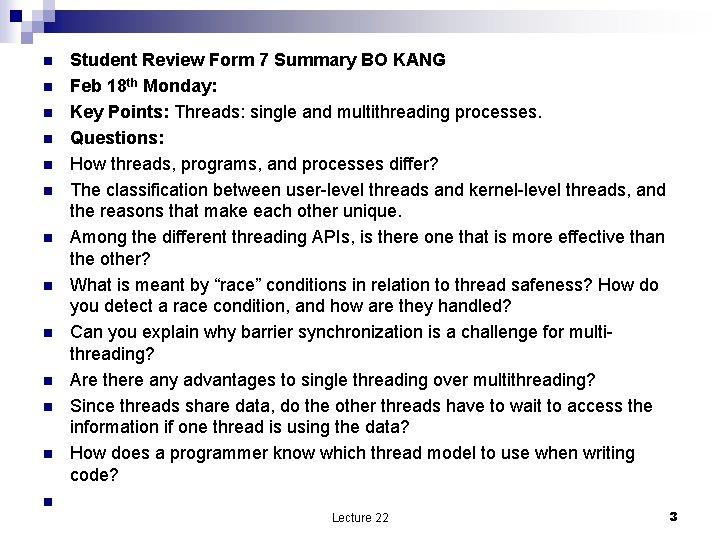 n n n n Student Review Form 7 Summary BO KANG Feb 18 th