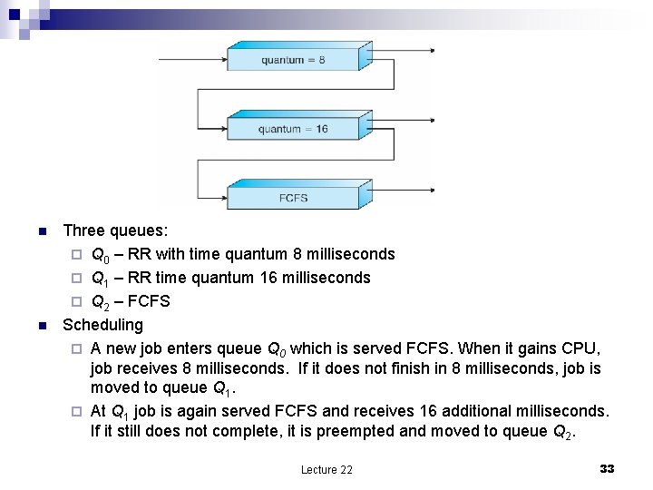 n n Three queues: ¨ Q 0 – RR with time quantum 8 milliseconds