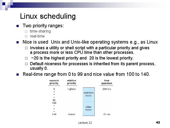 Linux scheduling n Two priority ranges: time-sharing ¨ real-time ¨ n Nice is used