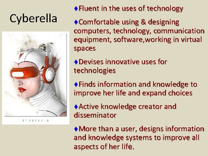 Cyberella t. Fluent in the uses of technology t. Comfortable using & designing computers,