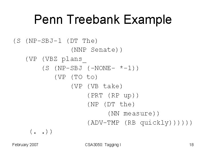 Penn Treebank Example (S (NP-SBJ-1 (DT The) (NNP Senate)) (VP (VBZ plans_ (S (NP-SBJ