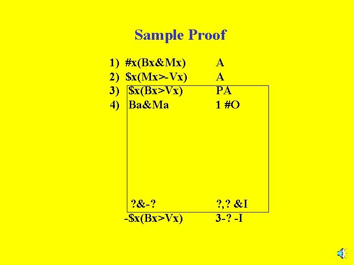 Sample Proof 1) 2) 3) 4) #x(Bx&Mx) $x(Mx>-Vx) $x(Bx>Vx) Ba&Ma A A PA 1