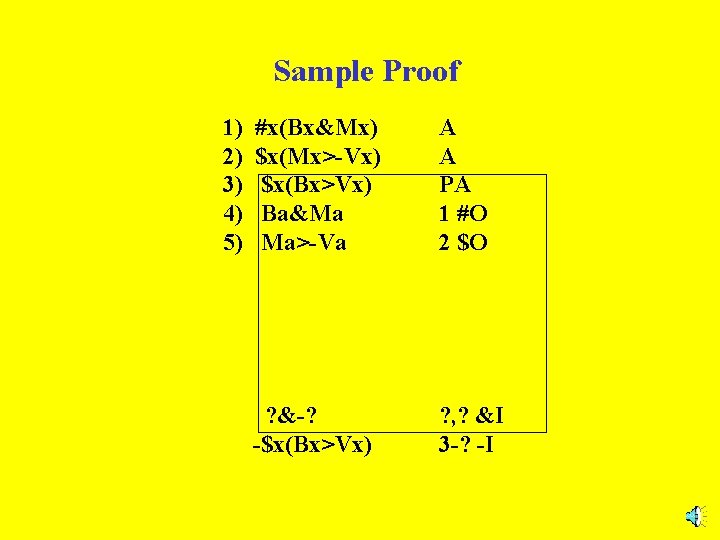 Sample Proof 1) 2) 3) 4) 5) #x(Bx&Mx) $x(Mx>-Vx) $x(Bx>Vx) Ba&Ma Ma>-Va A A