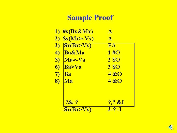 Sample Proof 1) 2) 3) 4) 5) 6) 7) 8) #x(Bx&Mx) $x(Mx>-Vx) $x(Bx>Vx) Ba&Ma