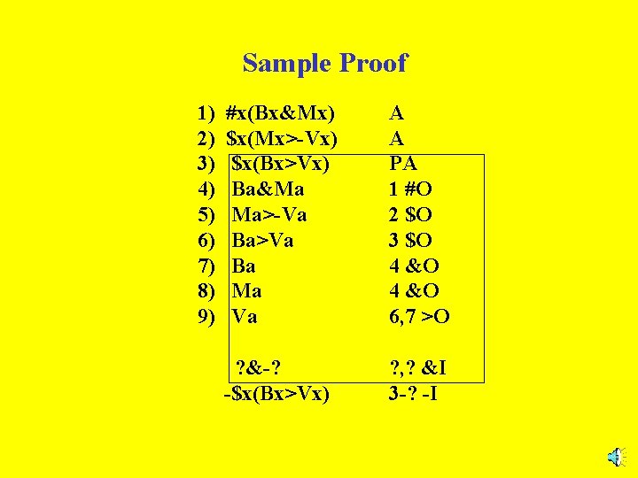 Sample Proof 1) 2) 3) 4) 5) 6) 7) 8) 9) #x(Bx&Mx) $x(Mx>-Vx) $x(Bx>Vx)