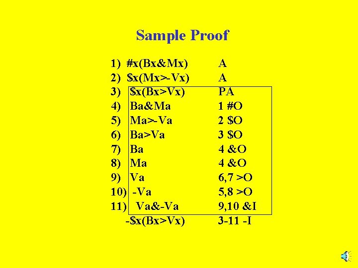 Sample Proof 1) #x(Bx&Mx) 2) $x(Mx>-Vx) 3) $x(Bx>Vx) 4) Ba&Ma 5) Ma>-Va 6) Ba>Va