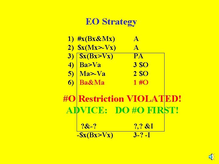 EO Strategy 1) 2) 3) 4) 5) 6) #x(Bx&Mx) $x(Mx>-Vx) $x(Bx>Vx) Ba>Va Ma>-Va Ba&Ma