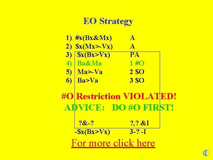 EO Strategy 1) 2) 3) 4) 5) 6) #x(Bx&Mx) $x(Mx>-Vx) $x(Bx>Vx) Ba&Ma Ma>-Va Ba>Va