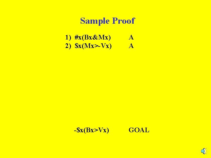 Sample Proof 1) #x(Bx&Mx) 2) $x(Mx>-Vx) -$x(Bx>Vx) A A GOAL 