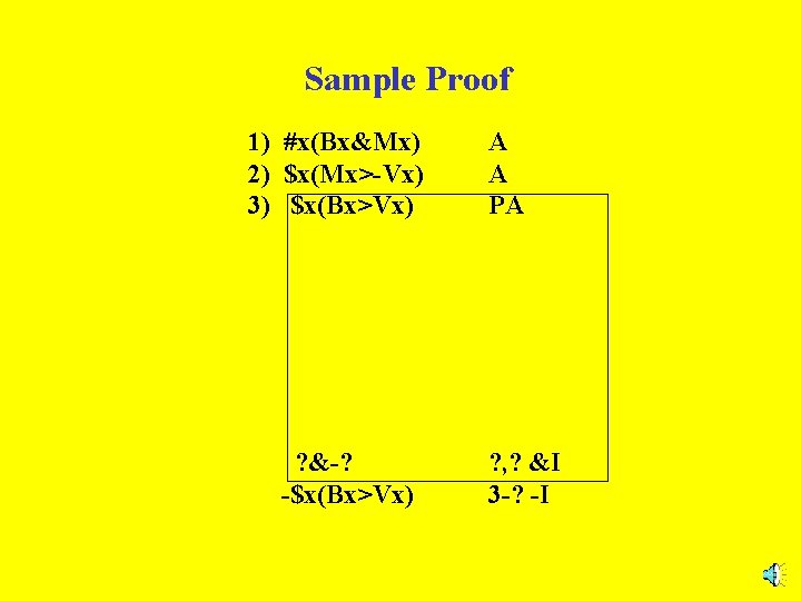 Sample Proof 1) #x(Bx&Mx) 2) $x(Mx>-Vx) 3) $x(Bx>Vx) ? &-? -$x(Bx>Vx) A A PA