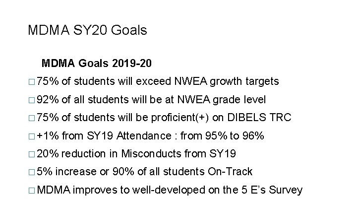 MDMA SY 20 Goals MDMA Goals 2019 -20 � 75% of students will exceed MDMA SY 20 Goals MDMA Goals 2019 -20 � 75% of students will exceed