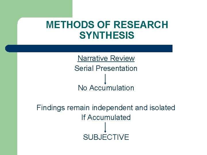 METHODS OF RESEARCH SYNTHESIS Narrative Review Serial Presentation No Accumulation Findings remain independent and