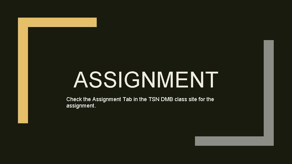 ASSIGNMENT Check the Assignment Tab in the TSN DMB class site for the assignment.