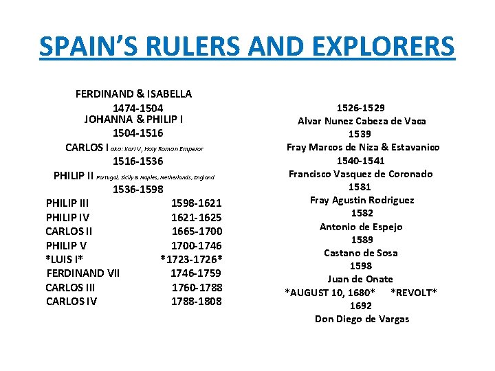 SPAIN’S RULERS AND EXPLORERS FERDINAND & ISABELLA 1474 -1504 JOHANNA & PHILIP I 1504