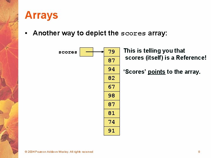 Arrays • Another way to depict the scores array: scores 79 87 94 82