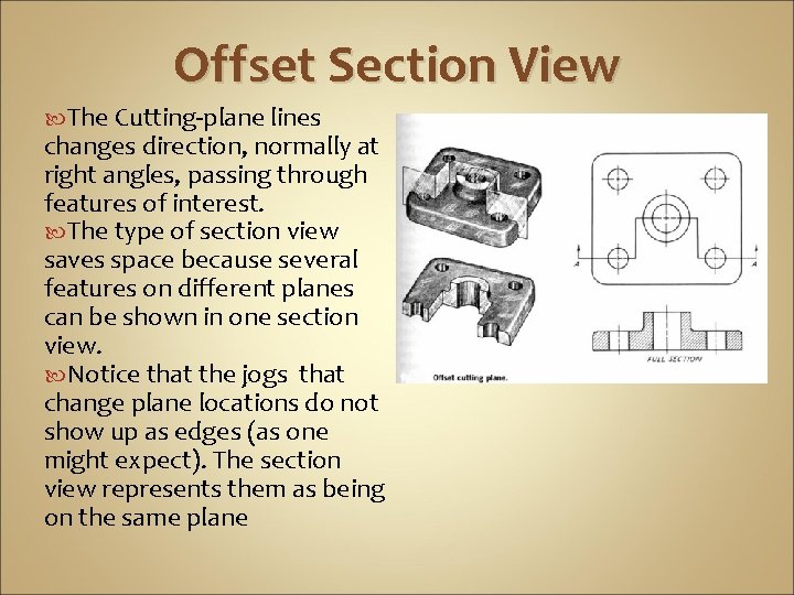 Offset Section View The Cutting-plane lines changes direction, normally at right angles, passing through