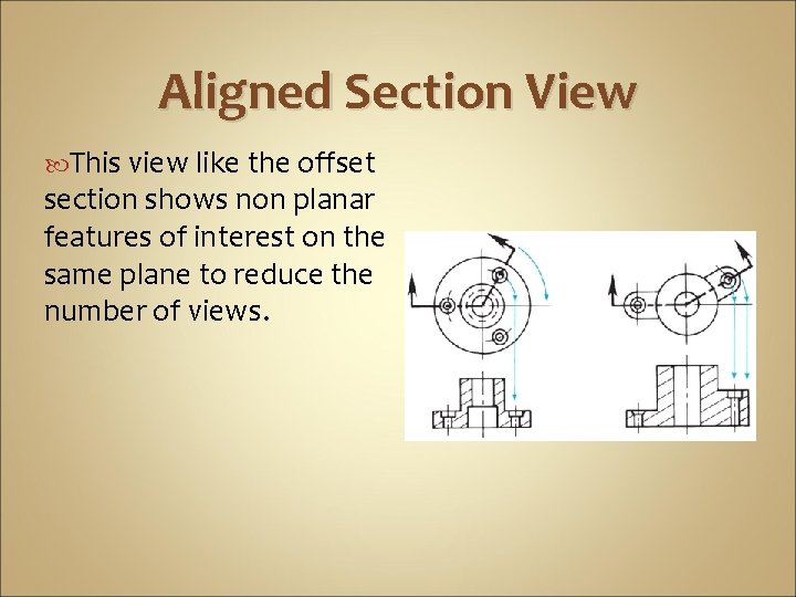 Aligned Section View This view like the offset section shows non planar features of