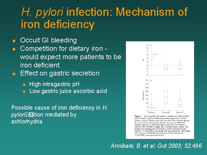 H. pylori infection: Mechanism of iron deficiency l l l Occult GI bleeding Competition