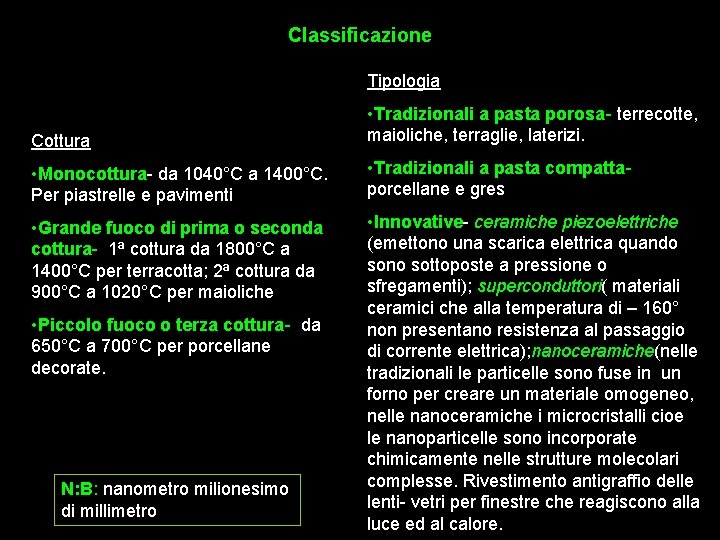 Classificazione Tipologia Cottura • Tradizionali a pasta porosa- terrecotte, maioliche, terraglie, laterizi. • Monocottura-