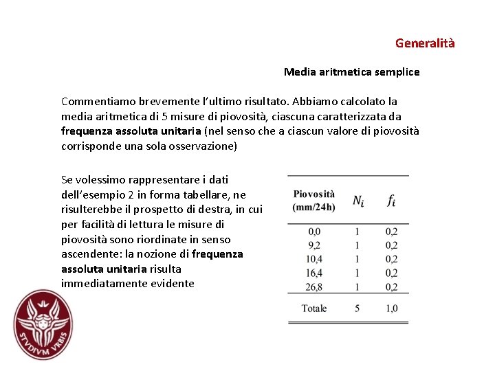 Generalità Media aritmetica semplice Commentiamo brevemente l’ultimo risultato. Abbiamo calcolato la media aritmetica di Generalità Media aritmetica semplice Commentiamo brevemente l’ultimo risultato. Abbiamo calcolato la media aritmetica di
