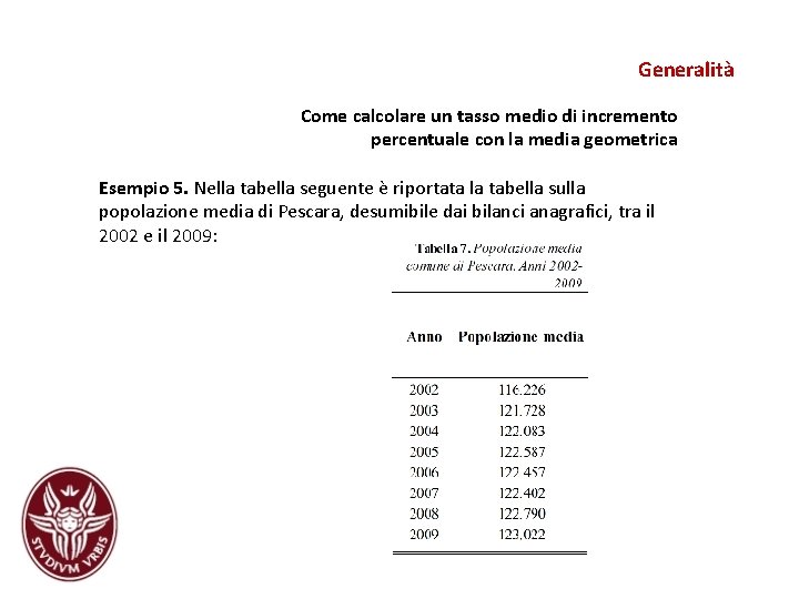 Generalità Come calcolare un tasso medio di incremento percentuale con la media geometrica Esempio Generalità Come calcolare un tasso medio di incremento percentuale con la media geometrica Esempio
