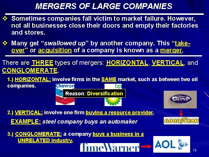MERGERS OF LARGE COMPANIES v Sometimes companies fall victim to market failure. However, not