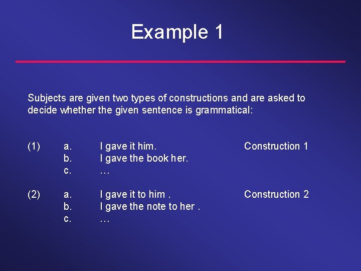 Example 1 Subjects are given two types of constructions and are asked to decide