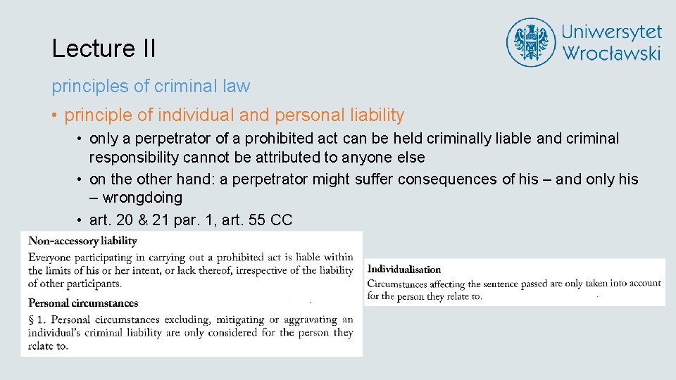 Lecture II principles of criminal law • principle of individual and personal liability •