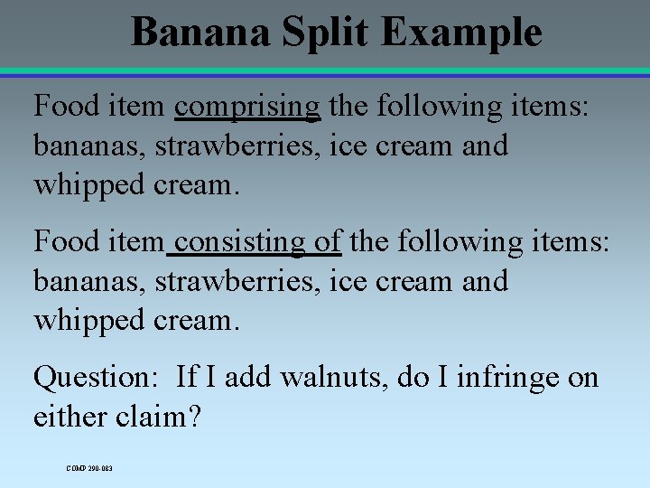 Banana Split Example Food item comprising the following items: bananas, strawberries, ice cream and