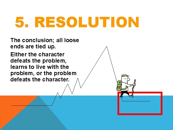 5. RESOLUTION The conclusion; all loose ends are tied up. Either the character defeats